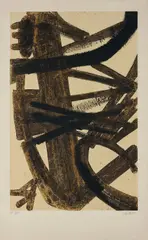 Composition en brune et jaune (Composition in Brown and Yellow) by Pierre Soulages, 1960, Lithograph in colours, on Arches paper, with full margins,, sold Jan 2016