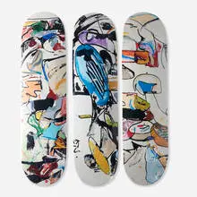 Eddie Martinez, Skateboard decks, set of three, 2016, archival photo print and screenprint on seven-ply