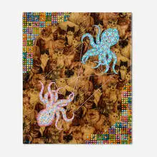 David Cooley, Cats and Octopus, 2011, acrylic, spray paint, string and resin on reclaimed fabric adhered to wood
