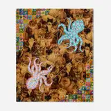 David Cooley, Cats and Octopus, 2011, acrylic, spray paint, string and resin on reclaimed fabric adhered to wood