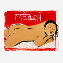 (Untitled) Red by Monica Kim Garza, 2018, acrylic and yarn on paper, sold Mar 2025