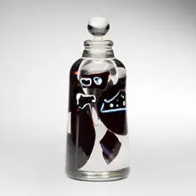 Bottle with stopper by Joel Philip Myers, 1978, hand-blown and applied glass, sold Nov 2025