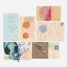 Six works by Lenore Tawney, 1978-88, collage and ink on postcards, sold Nov 2025