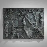 Thornton Dial, Sr., The Clouds at Ground Level, 2003, plastic bottles, machine parts, roots, found metal, clothing, plastic twine, wire, enamel, spray paint, and Splash Zone compound on canvas on wood