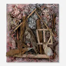 Thornton Dial, Sr., Back Home, 2012, used clothing, wood, metal, stuffed animal, and enamel on canvas on wood