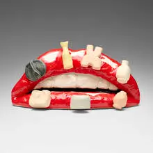 Vase Lips by Gina Beavers, 2022, glazed stoneware with hand-painting, sold Nov 2025