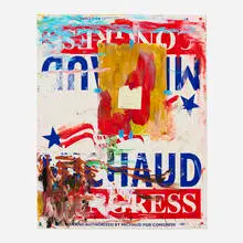 Pope.L, Abstract Painting, 2010-17, acrylic, ballpoint pen, Failure Drawing #1204, oil, painter's tape, pencil, Post-it, and push pins on political campaign sign in artist's frame
