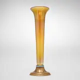 Trumpet vase with mount by Inc. Louis C. Tiffany Furnaces, c. 1920, hand-blown Favrile glass, enameled and gilt bronze, sold Nov 2025