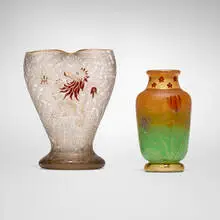 Vases with lions and tulips, set of two by Daum, c. 1900, acid-etched, enameled, and gilt glass, sold Nov 2025
