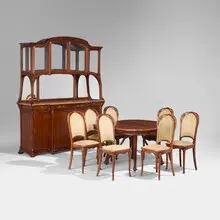 Paul-Alexandre Dumas, Dining suite with raspberry motif, c. 1903, mahogany, rosewood, glass, mirrored glass, marble, upholstery, brass, casters