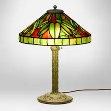 Bamboo table lamp by Duffner & Kimberly, c. 1910, leaded glass, patinated metal, sold Nov 2025