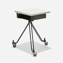 Eliot Noyes, Telephone table, c. 1960, enameled steel, chrome-plated steel, laminate, rubber