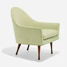Lounge chair by Paul McCobb, c. 1960, wool upholstery, walnut, sold Sep 2024
