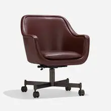 Swivel desk chair by Ward Bennett, c. 1970, leather, patinated steel, plastic, sold Sep 2024
