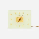 John Rainbault, Table clock, model 5F50, c. 1937, reverse-painted glass, brass, gold-tone metal