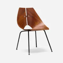 Ray Komai, Chair, 1949, walnut plywood, stainless steel, lacquered aluminum