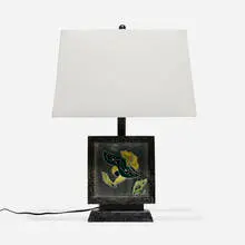 Table lamp by Vladimir Kagan, c. 1955, glazed earthenware, cerused oak, brass, chrome-plated steel, sold Sep 2024