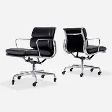 Soft Pad Management chairs, pair by Charles and Ray Eames, 1969 / 1983, leather upholstery, aluminum, sold Sep 2024