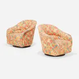 Ward Bennett, Swivel lounge chairs, pair, c. 1970, upholstery