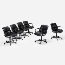 Charles Pollock, Executive chairs, set of six, leather, molded plastic, chrome-plated steel, enameled steel