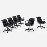 Charles Pollock, Executive chairs, set of six, leather, molded plastic, chrome-plated steel, enameled steel