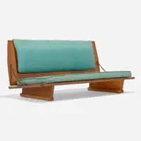 Frank Lloyd Wright, Low bench from the Unitarian Meeting House, Madison, 1951, fir plywood, upholstery, steel, brass