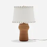Bob Kinzie, Table lamp, c. 1970, stoneware, brass, canvas, leather