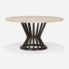 Coffee table, model 5574 by Edward Wormley, travertine, lacquered ash, brass, sold Sep 2024