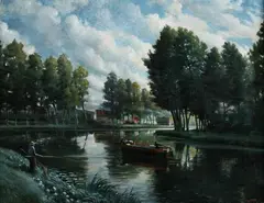 River Scene with Fisherman and Canalboat by L. Kesseler, Oil on canvas, sold Jun 2011