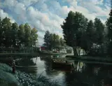 L. Kesseler, River Scene with Fisherman and Canalboat, Oil on canvas