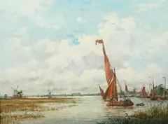 Adolphe Ragon, Moored Sailboats with Distant Windmill, Oil on canvas