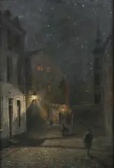 Jakob Gehrig, Street Scene at Night, Oil on panel