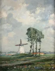 Charles Gouweloos, Windmill at Damme, Oil on board