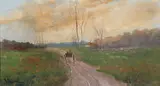 Continental School, Wagon on Country Road, Oil on canvas