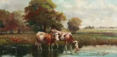 H. Thomas, Cows Drinking at Water'S Edge, Oil on canvas