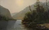Mountain Landscape with River Gorge by American School, MOUNTAIN LANDSCAPE WITH RIVER GORGE, oil on canvas, sold Jun 2011