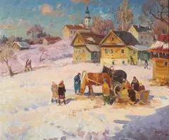 Winter Village by Yakov Besperstov, Oil on board, sold Jun 2011