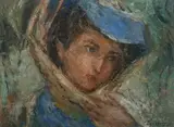 Eberto Escobedo Lazo, Mujer En Azul, Oil on canvas laid on board