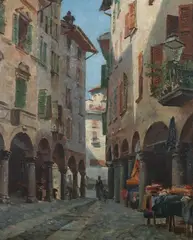 August Fischer, A Street in Lugano, Oil on paper laid on board