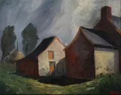 R. Adam, Farmhouses and Shadows, Oil on canvas