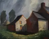 R. Adam, Farmhouses and Shadows, Oil on canvas