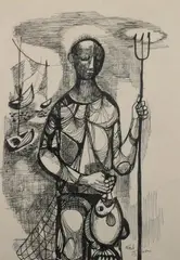 Fred Jones, Fishing, Ink on paper