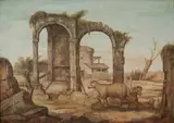 Jaroslav Veris, Sheep Amidst Ruins, Oil on board
