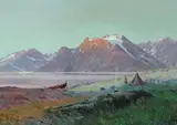 Camp Along Mountain Lake by American School, Oil on canvas, sold Sep 2011