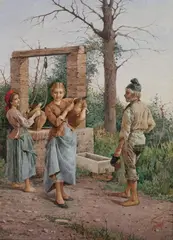 Filippo Indoni, Flirtation at the Well, Watercolor
