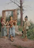 Filippo Indoni, Flirtation at the Well, Watercolor