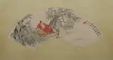 Feng Chaoran, Untitled, FIGURE AT EASE, ink and color on paper fan, signed and sealed