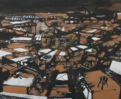 John Hultberg, UNTITLED (ROOFTOP PANORAMA), inscription with artist's name, date and address on verso, Gouache on paper mounted on board