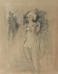 John Roy, THREE WOMEN, with label bearing artist's name, Charcoal
