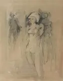 John Roy, THREE WOMEN, with label bearing artist's name, Charcoal